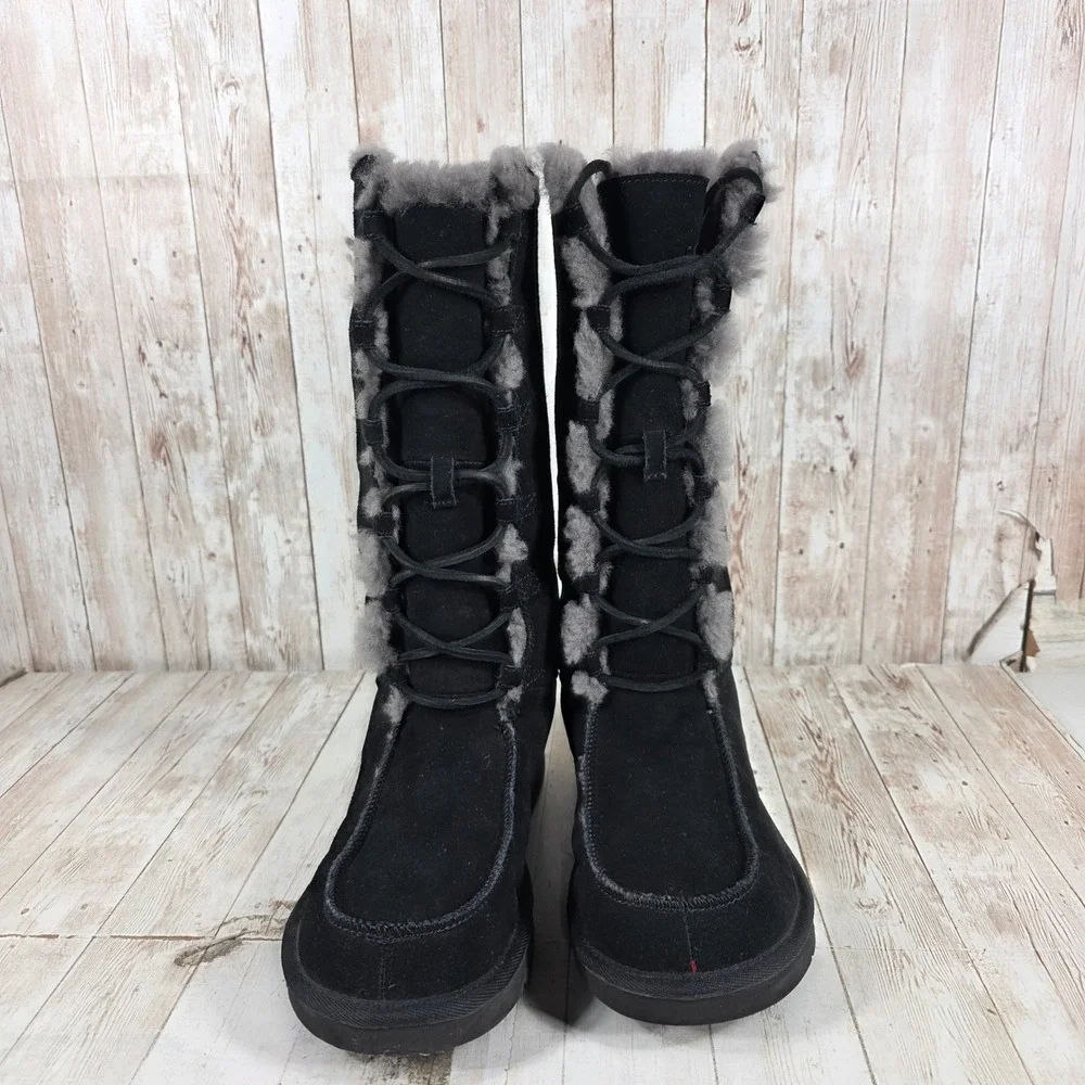 UGG Australia Sundance II Black Suede Sheepskin Lace Up Tall Boots 5230 Womens 8